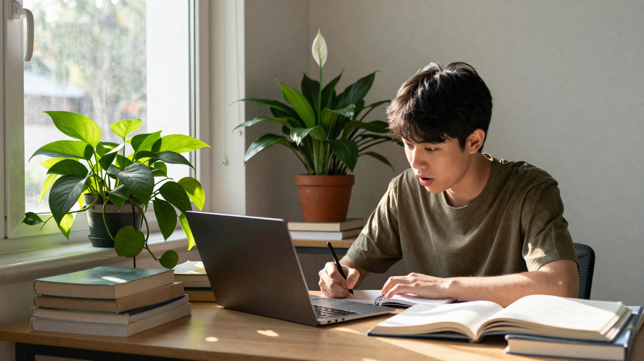 Jovem estudando em mesa com laptop, livros e plantas, iluminado por luz natural de janela.