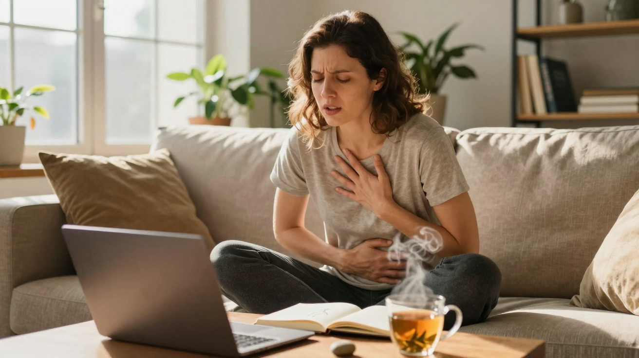 Mulher sentada no sofá com expressão de dor no peito e barriga, laptop e chá na mesa à frente.