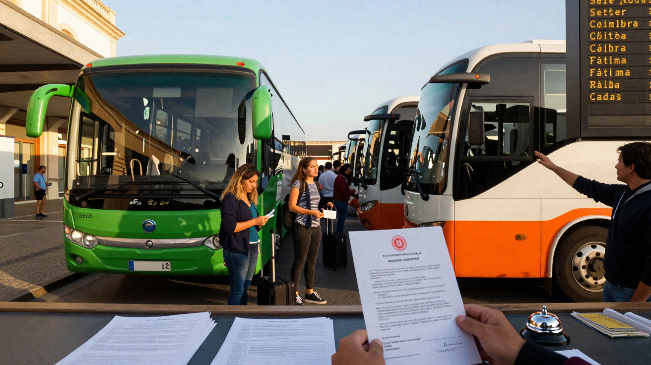 Terminal rodoviário com ônibus estacionados, pessoas aguardando e um funcionário segurando documentos.