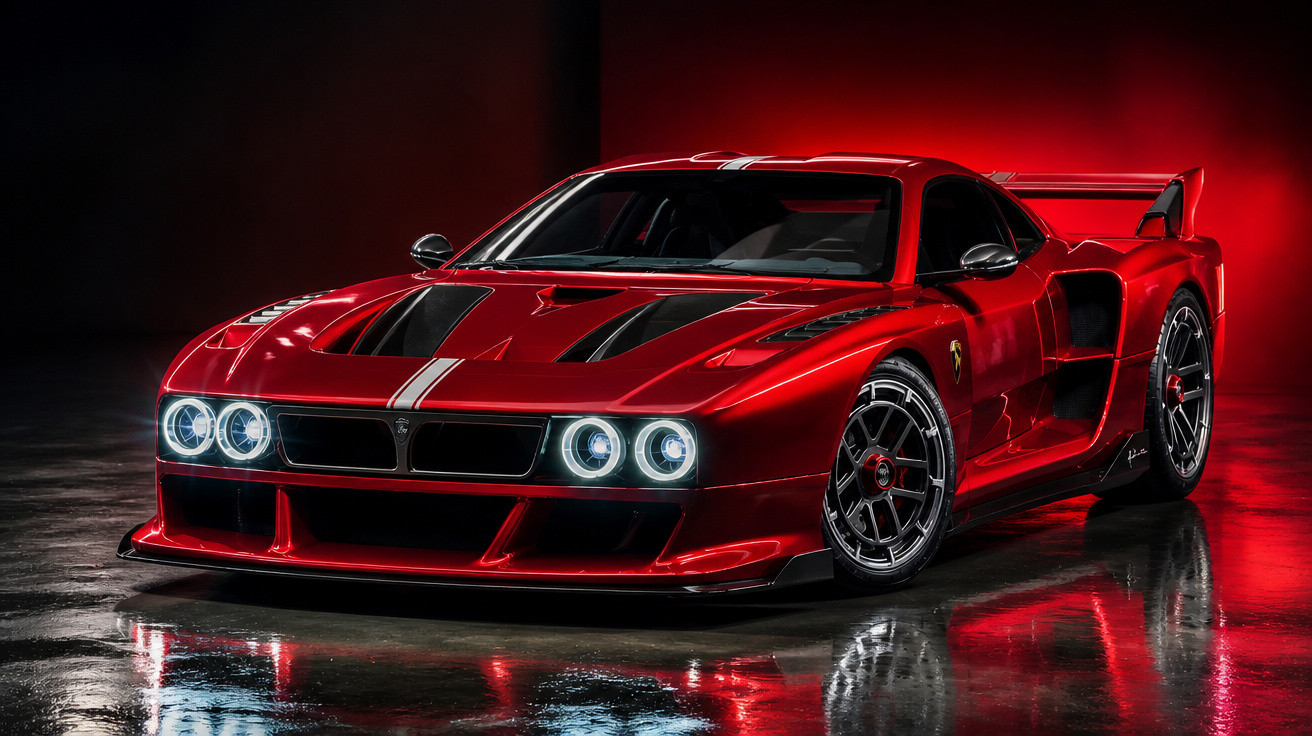 Carro esportivo vermelho com faróis acesos em ambiente escuro com iluminação vermelha ao fundo.
