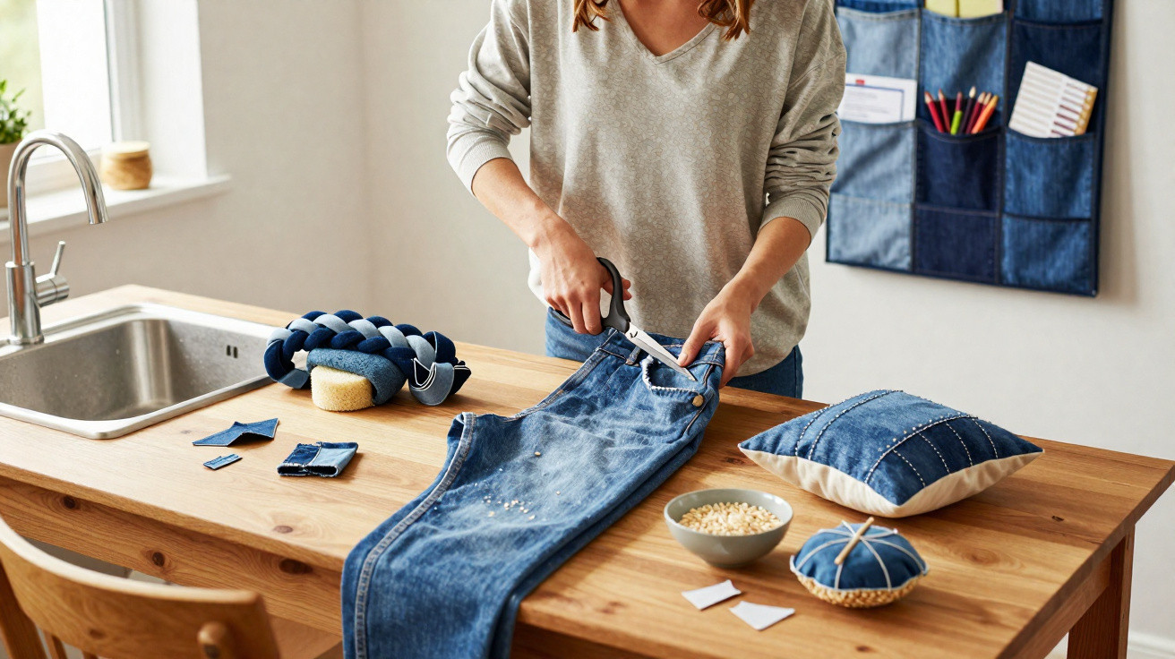 Pessoa cortando calça jeans com tesoura em mesa de madeira, perto de almofada e caixa com linhas e botões.