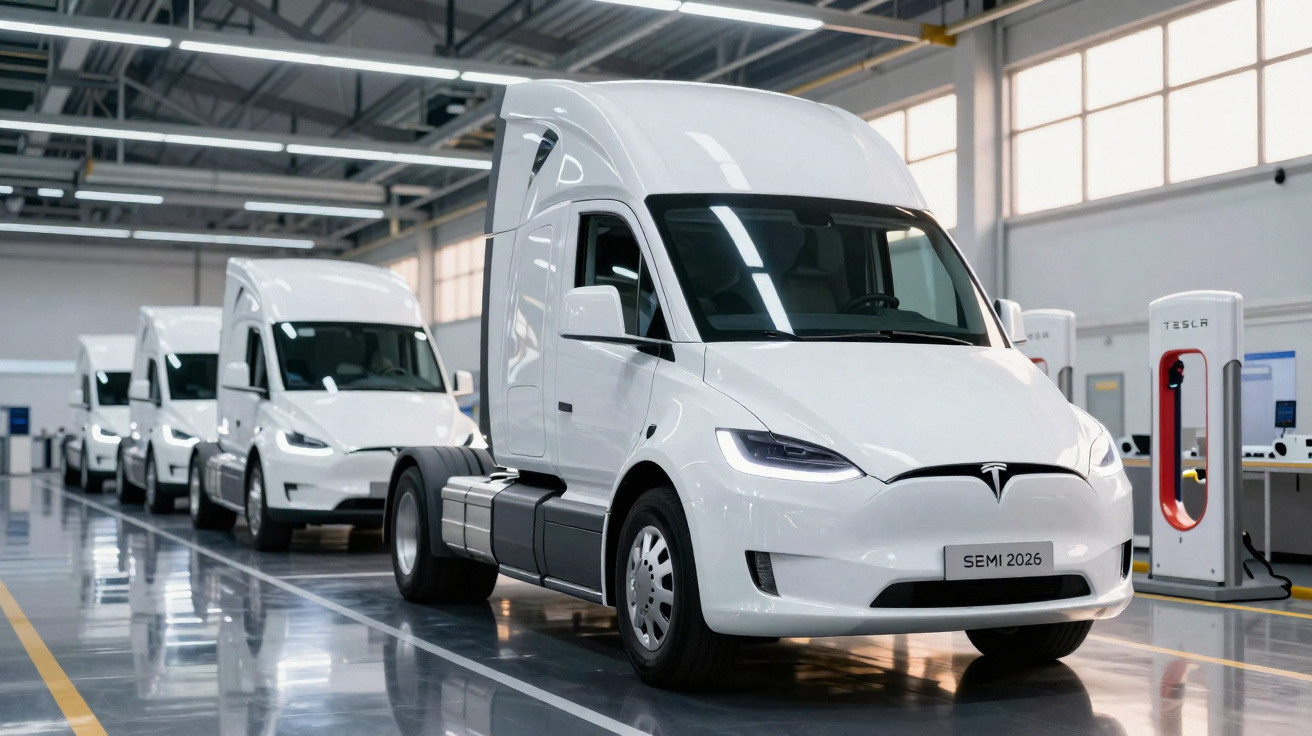 Caminhões elétricos brancos Tesla Semi 2026 estacionados em linha dentro de galpão industrial.