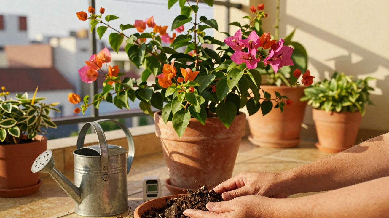 Mãos manipulando terra em vaso com flores coloridas em varanda iluminada pelo sol.