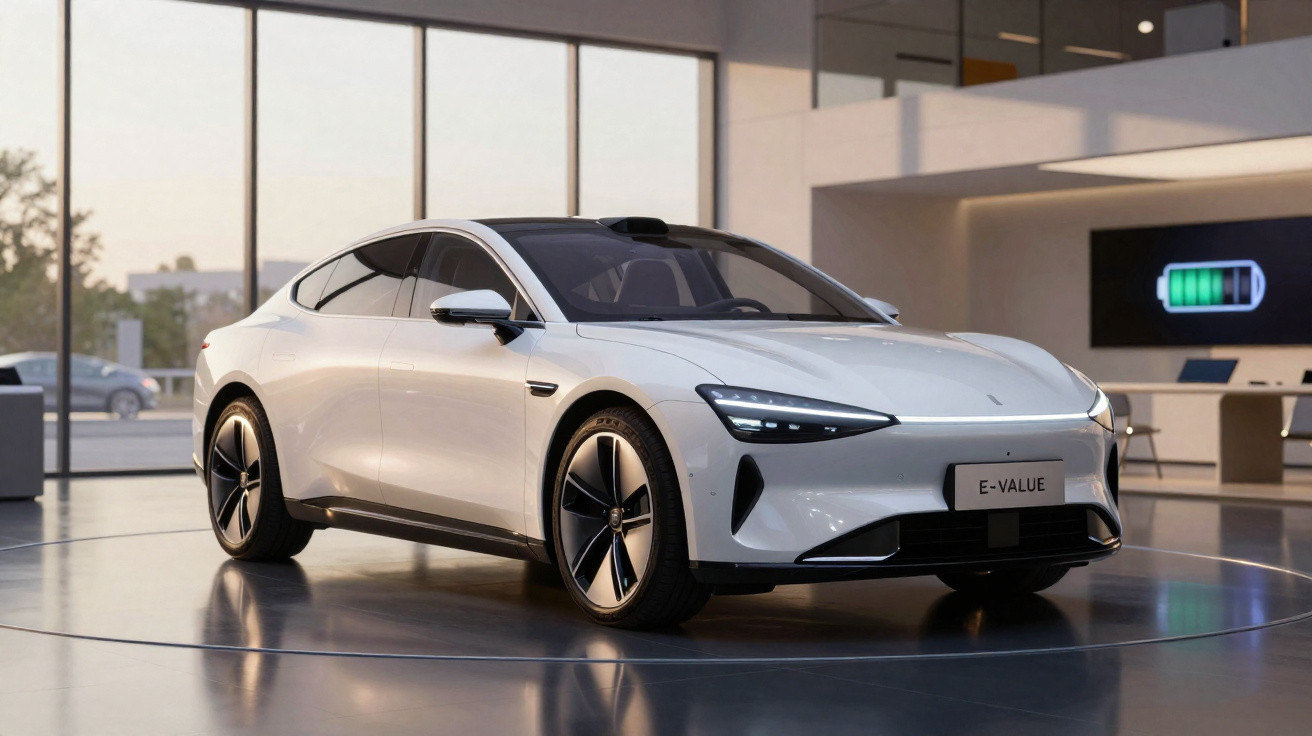 Carro elétrico branco exposto em ambiente moderno com grande janela e tela mostrando bateria carregada.
