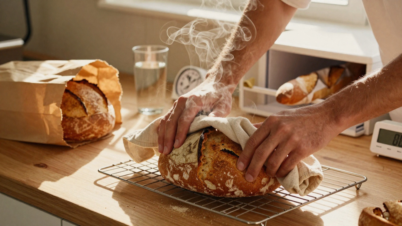 Mãos segurando pão quente com vapor, sobre grade de resfriamento, em cozinha iluminada pelo sol.