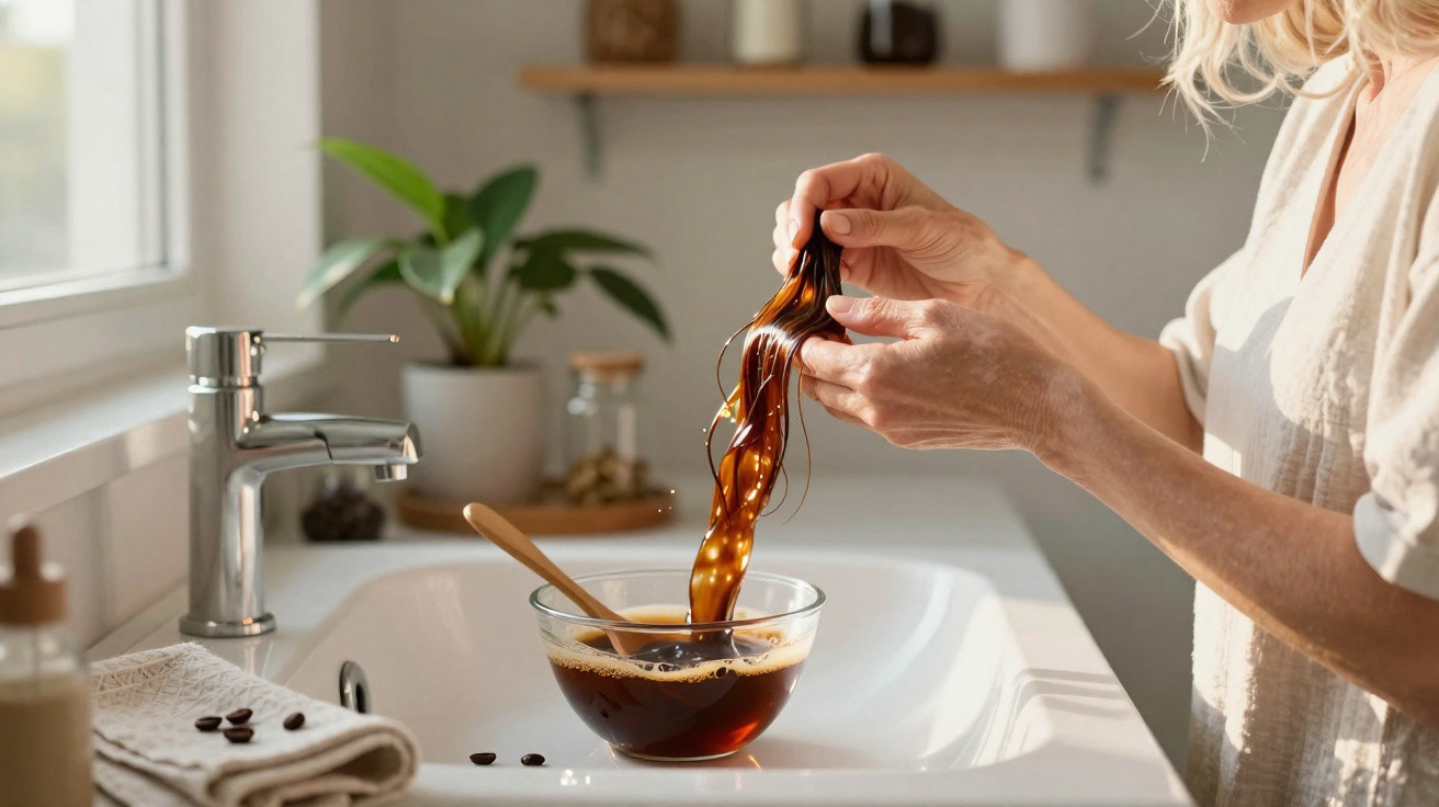 Pessoa lavando cabelo com café em pia de banheiro com planta e toalha ao lado.