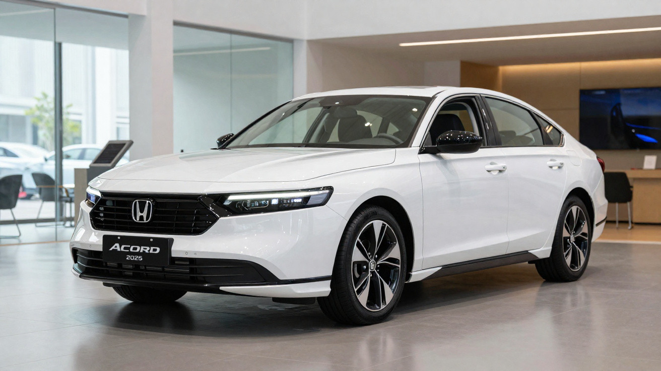 Carro Honda Accord 2025 branco exibido em showroom moderno com piso cinza e iluminação interna.