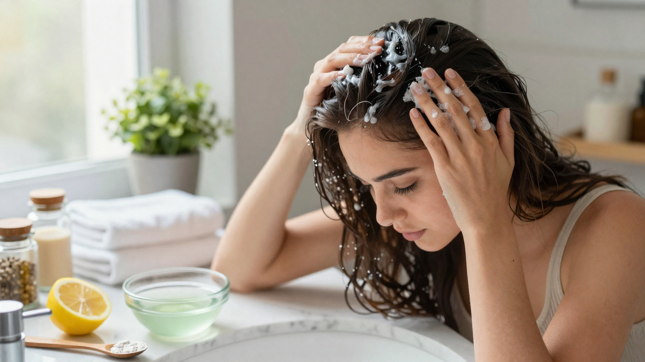 Mulher aplicando creme no cabelo em banheiro com planta, limão e toalhas ao fundo.