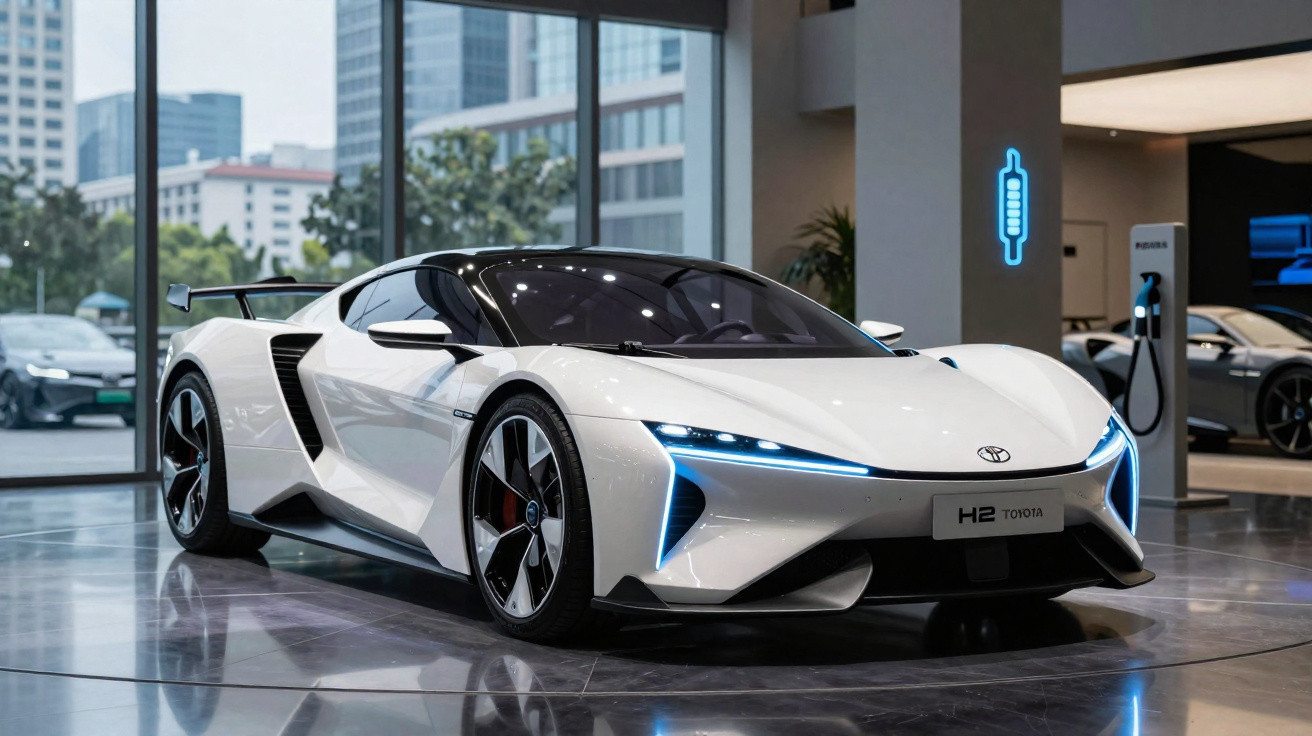Carro esportivo elétrico Toyota H2 branco em exposição interna com luzes de LED acesas.
