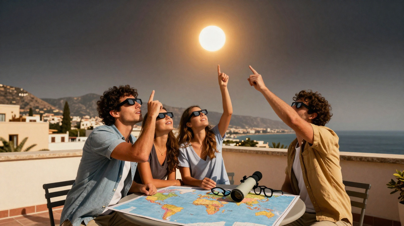 Quatro pessoas com óculos escuros observando o sol durante eclipse solar em terraço com mapa na mesa.