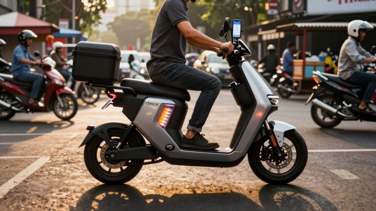 Pessoa andando de scooter elétrica cinza em rua movimentada com outros motociclistas ao fundo.