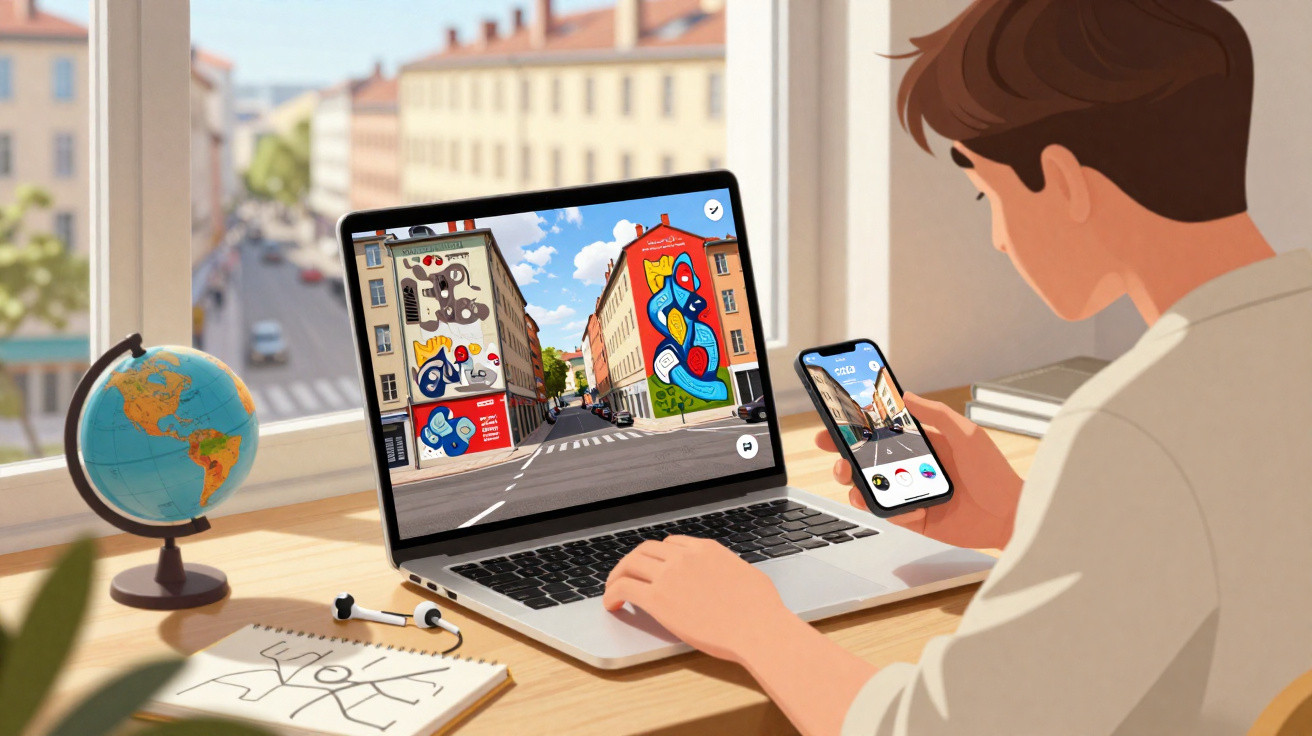 Pessoa usando laptop e celular para visualizar grafites coloridos em prédios pela janela.