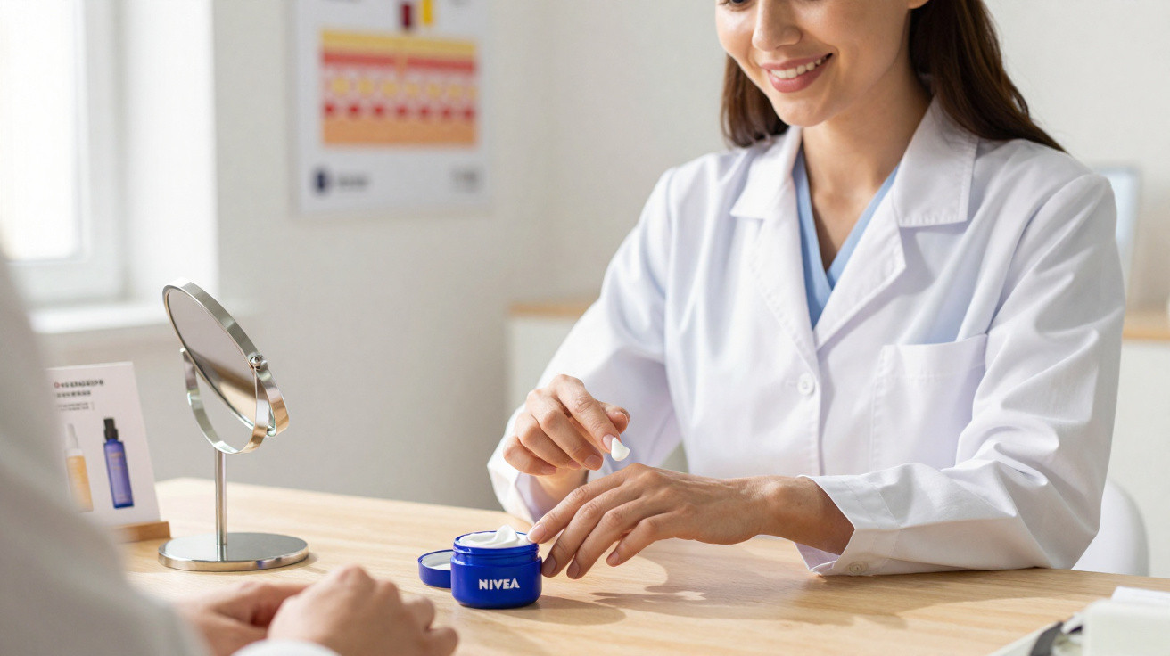 Mulher em jaleco aplicando creme Nivea na mão em consulta estética.