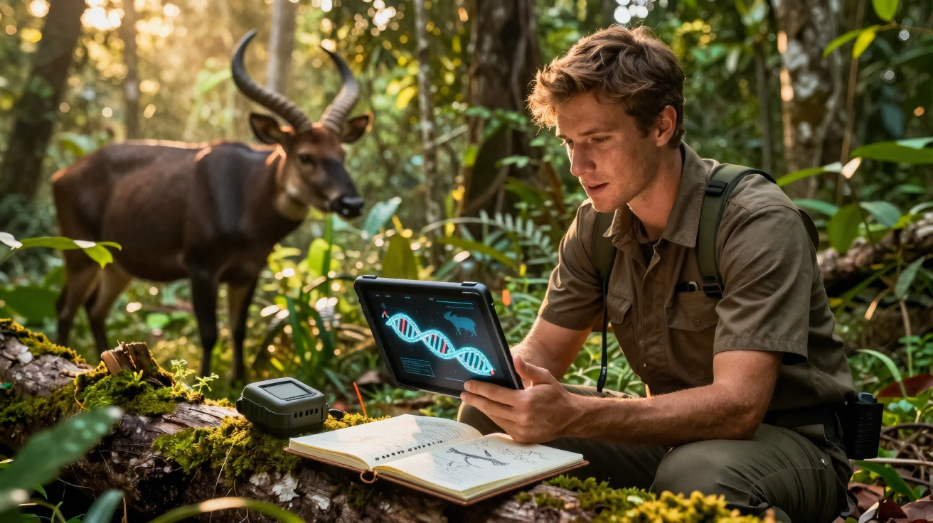 Homem em floresta usando tablet com imagem do DNA, ao lado de livro aberto e antílope ao fundo.