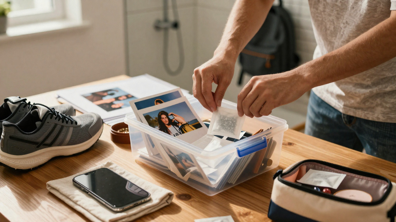 Mãos organizando fotos instantâneas em uma caixa plástica sobre mesa com tênis, celular e nécessaire.