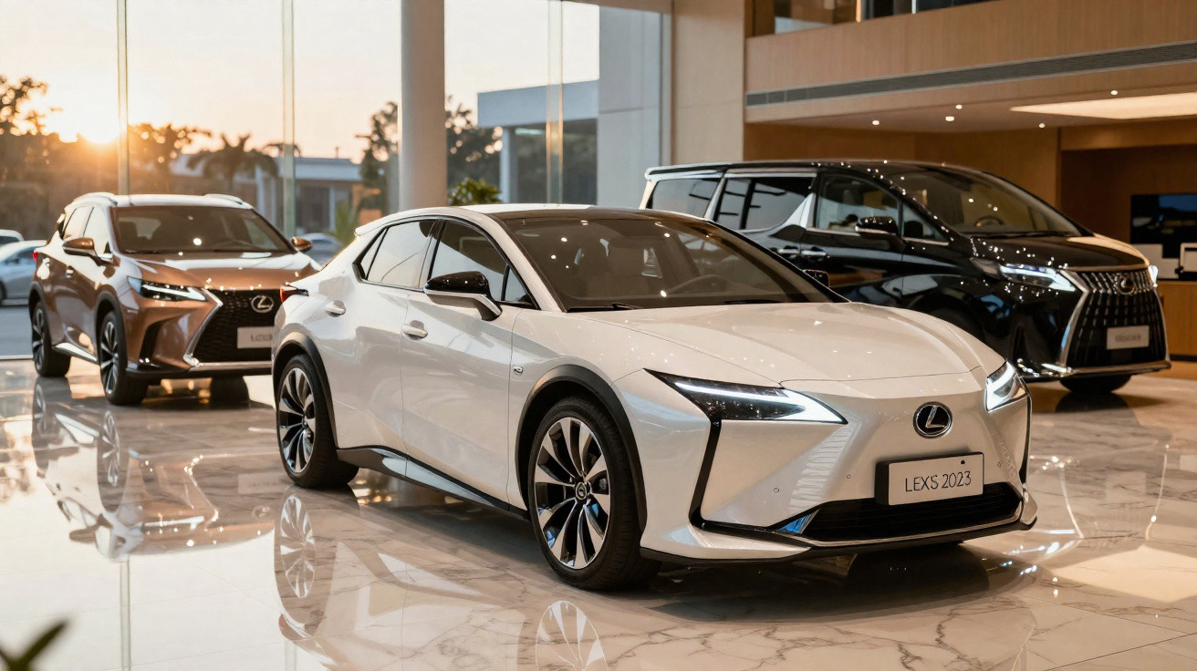 Concessionária com três carros Lexus 2023 em exibição, destaque para modelo branco em primeiro plano.