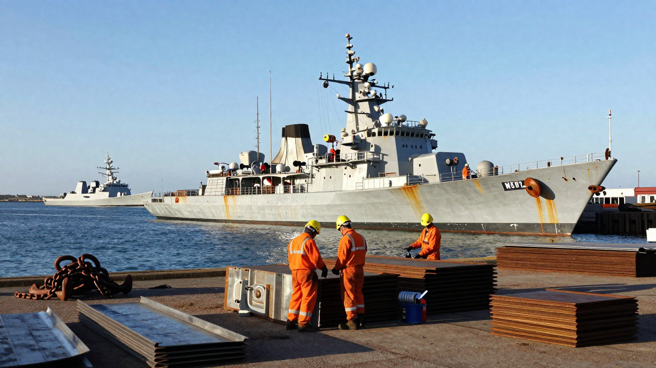 Navio de guerra cinza atracado e três trabalhadores com macacão laranja e capacete amarelo no cais.