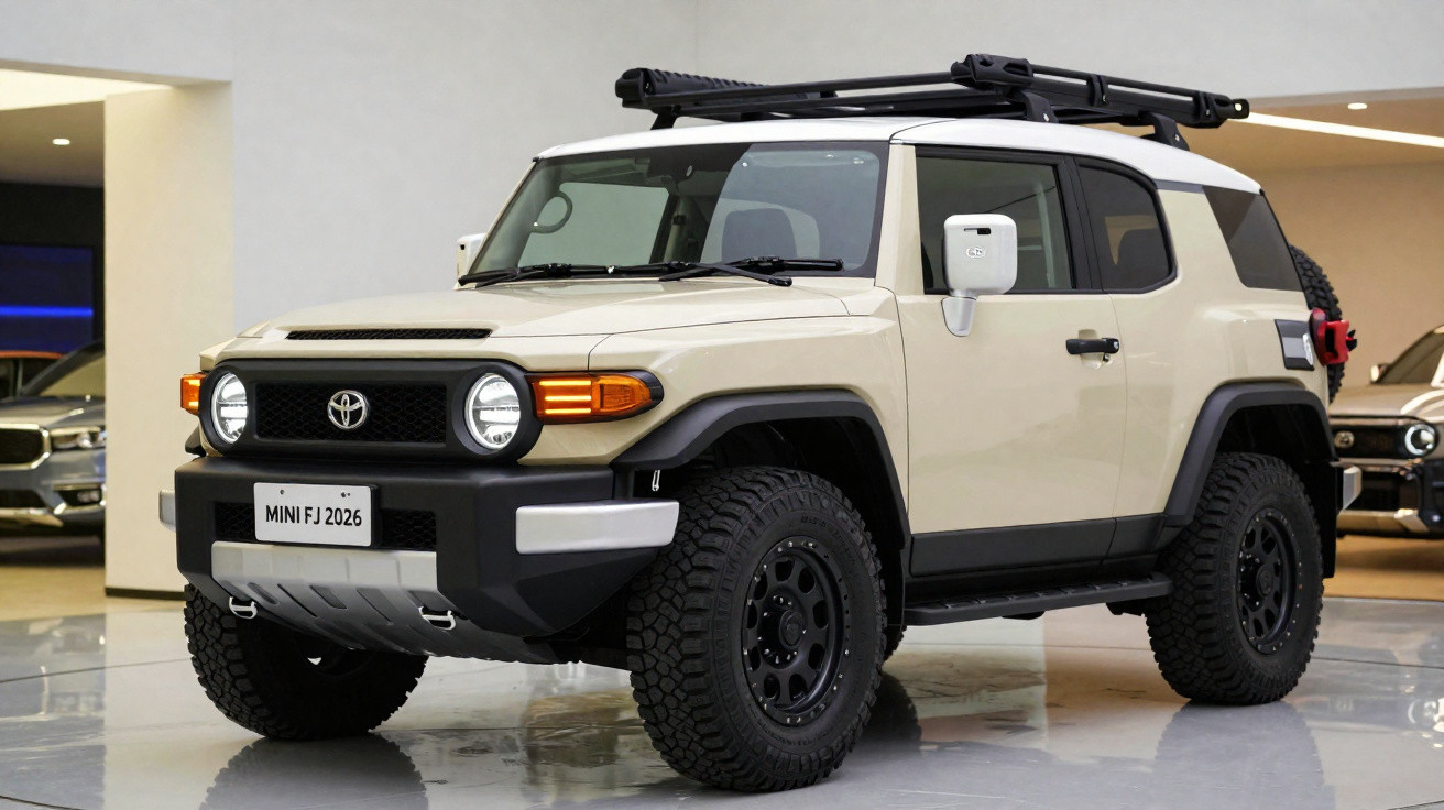 SUV Toyota Mini FJ 2026 bege com pneus off-road e bagageiro de teto em showroom.