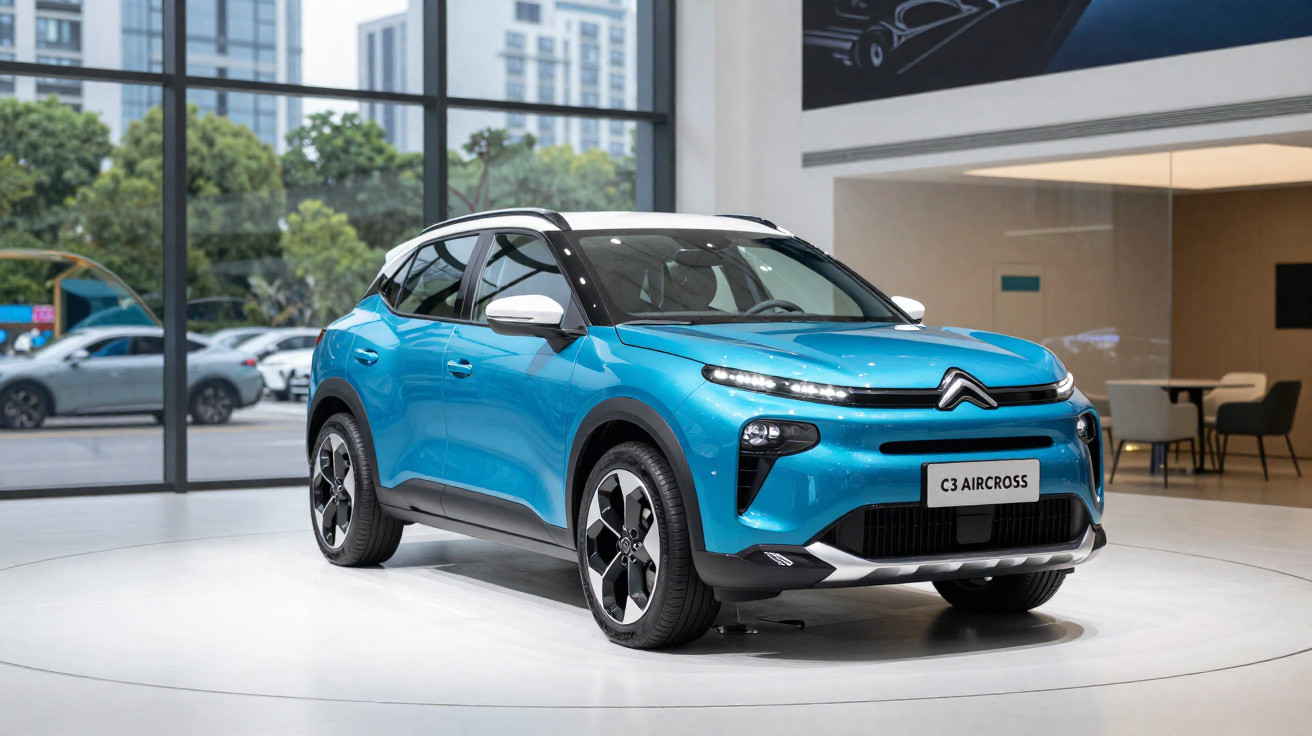 SUV Citroën C3 Aircross azul em exposição em ambiente moderno com grandes janelas e prédios ao fundo.