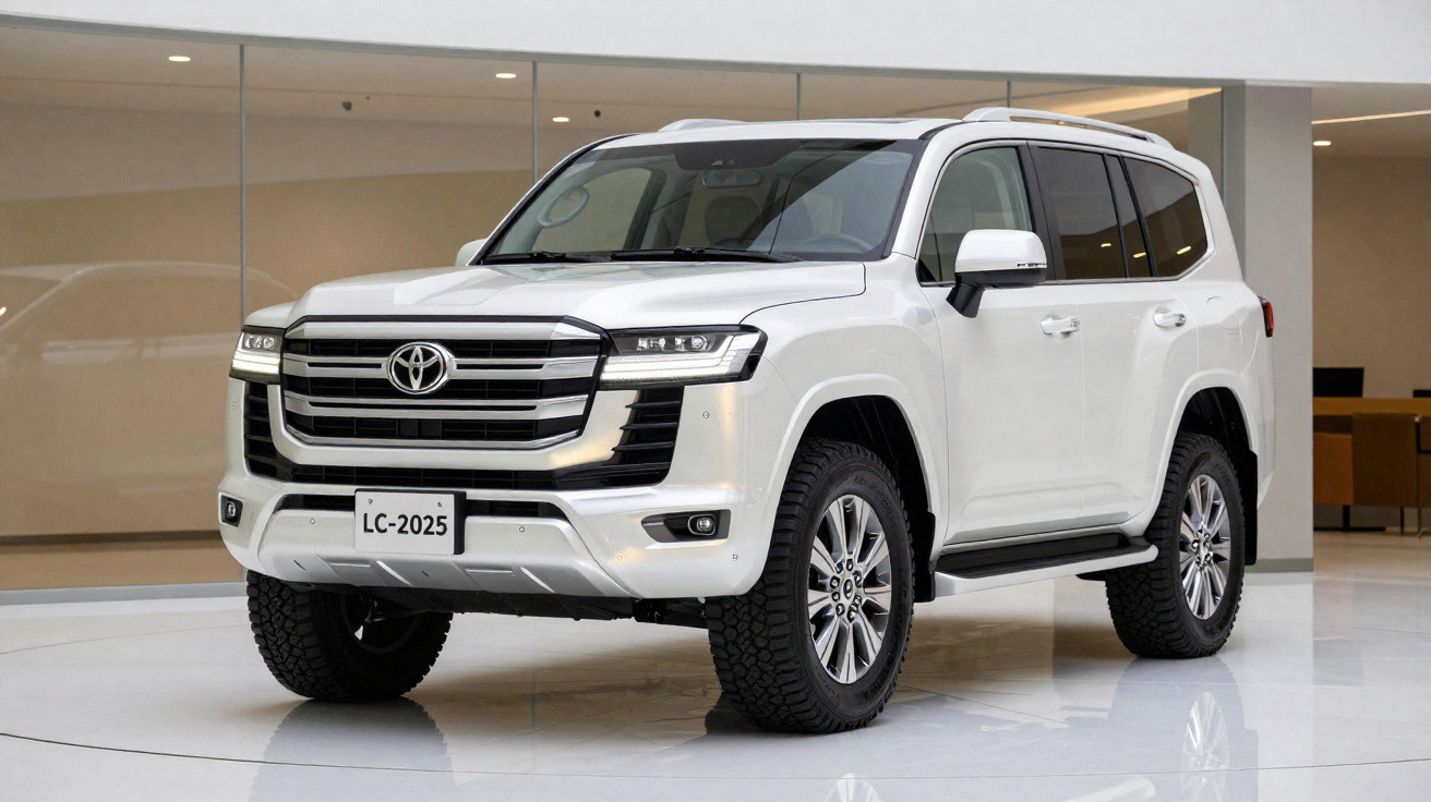 Toyota Land Cruiser branco estacionado em ambiente interno, vista frontal direita.