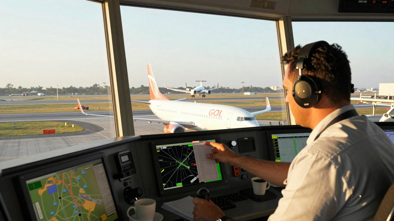 Controlador aéreo em torre de aeroporto monitora avião da Gol taxiando na pista ao entardecer.