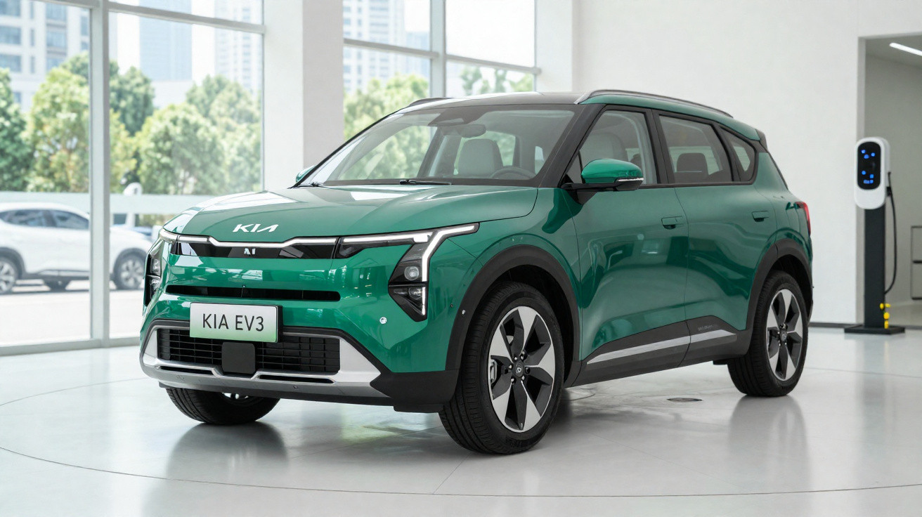 Carro elétrico verde Kia EV3 exibido em showroom com estação de recarga ao fundo.