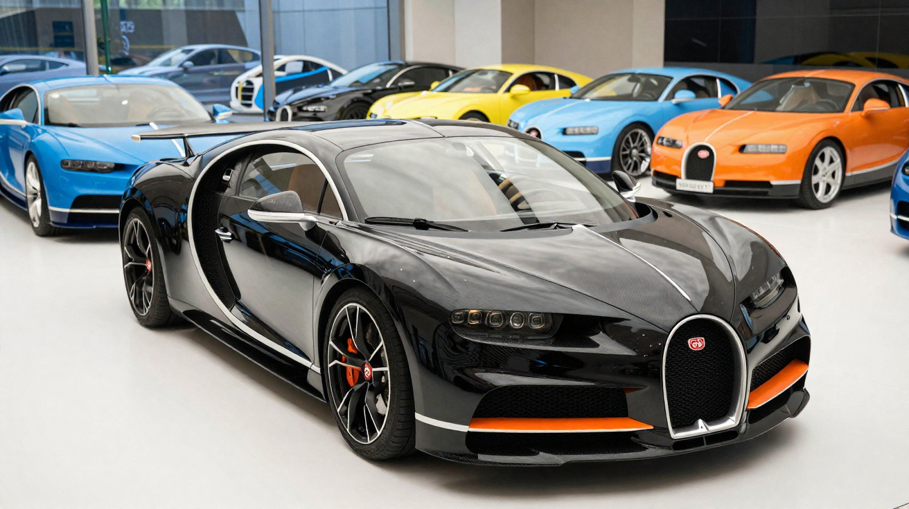 Carros esportivos Bugatti Chiron em diversas cores, destaque para o preto em primeiro plano em showroom.