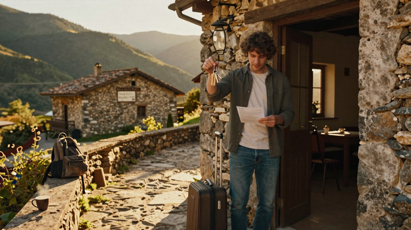 Homem jovem com mala na mão recebe as chaves de uma casa de pedra em área rural montanhosa.