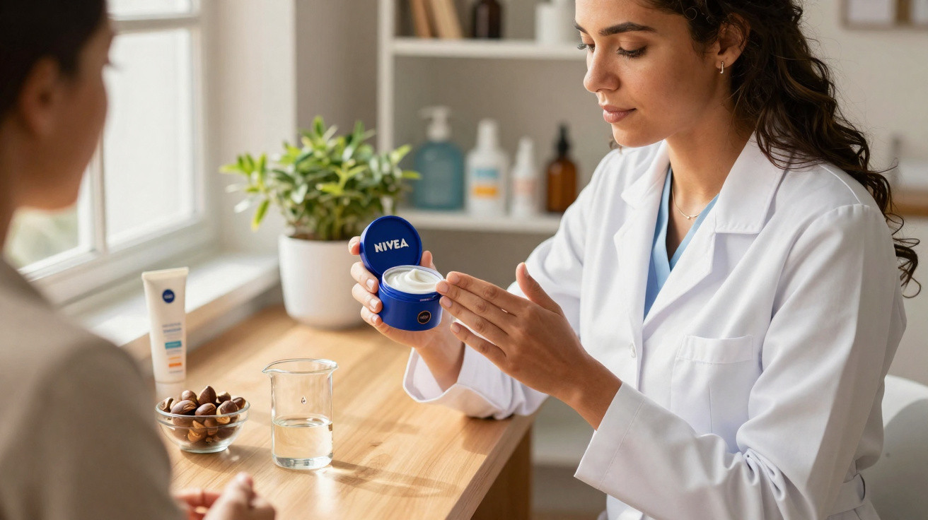 Especialista em saúde mostrando creme Nivea para paciente em consultório com plantinhas.