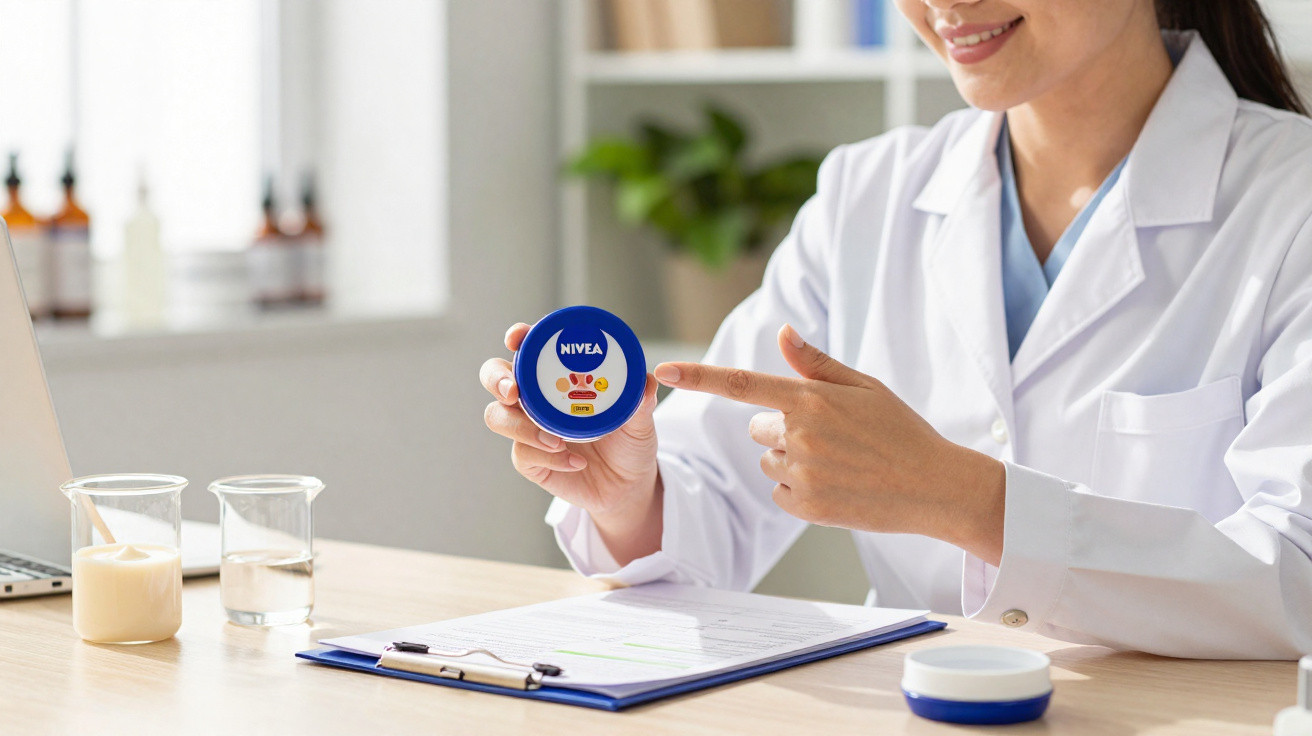 Profissional de saúde segurando e apontando para pote de creme Nivea numa mesa com documentos e copos.