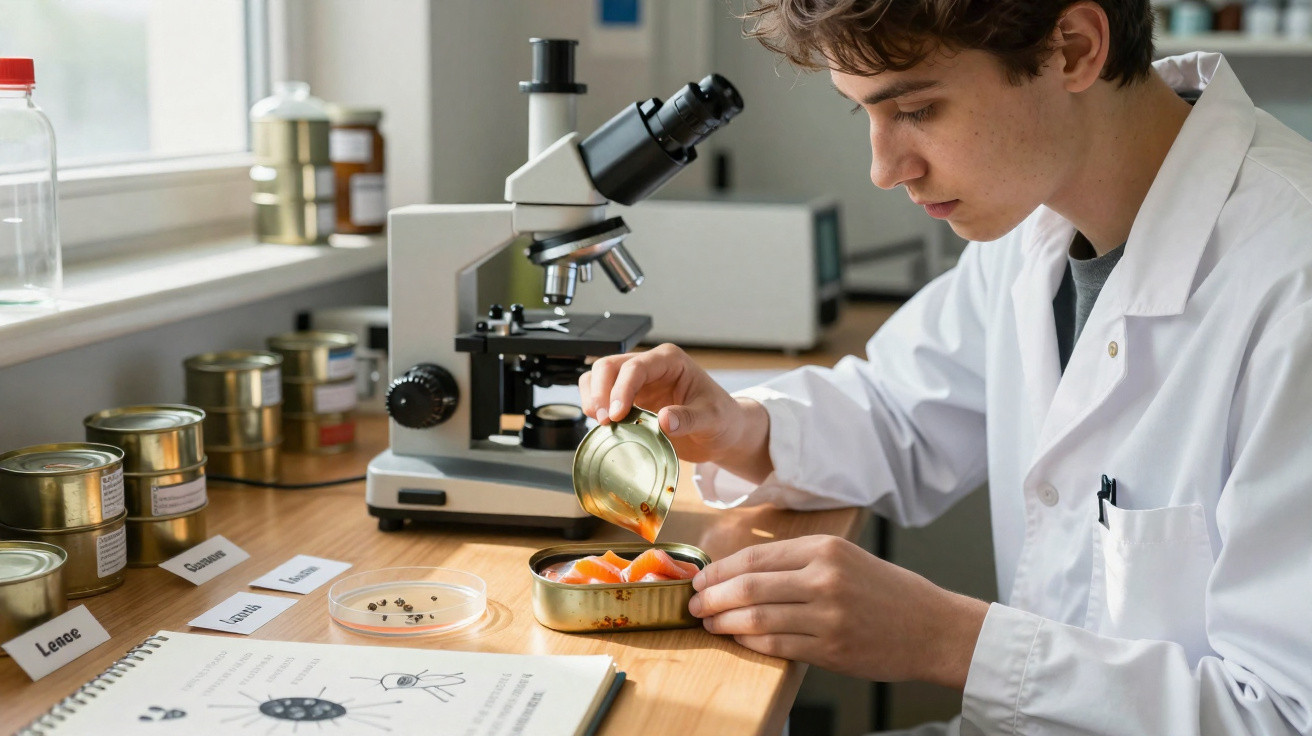 Jovem cientista em laboratório analisando amostra de sardinha enlatada com microscópio ao fundo.