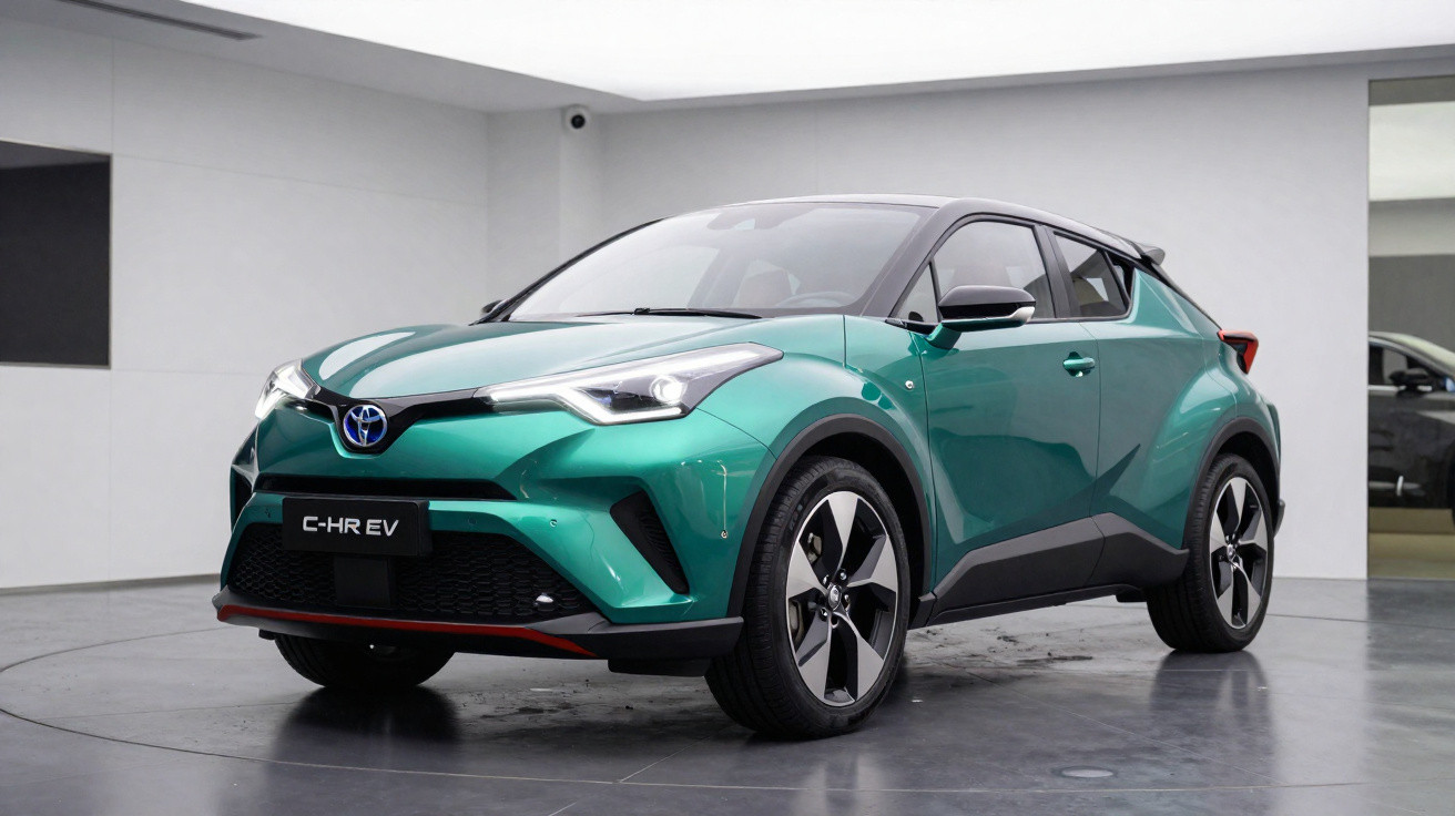Carro elétrico Toyota C-HR EV verde em ambiente interno com acabamento preto e detalhes modernos.