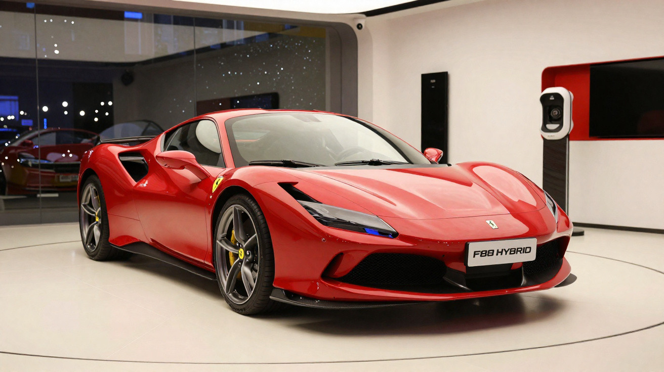 Carro esportivo Ferrari F8 Hybrid vermelho exibido em ambiente interno moderno e iluminado.