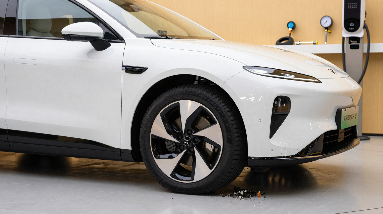 Carro elétrico branco estacionado em ambiente interno próximo a estação de recarga.