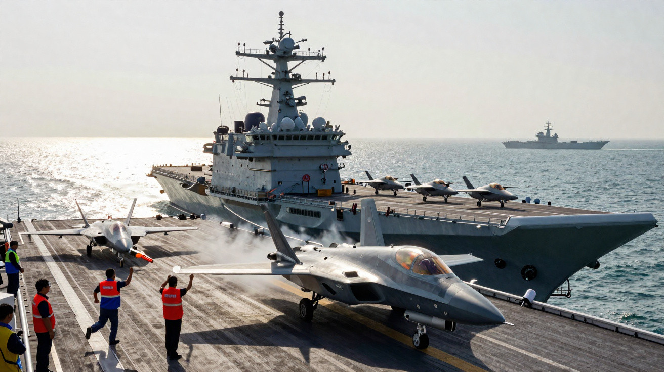 Navio aeródromo com caças F-35 e equipe em convés durante o pôr do sol no mar.