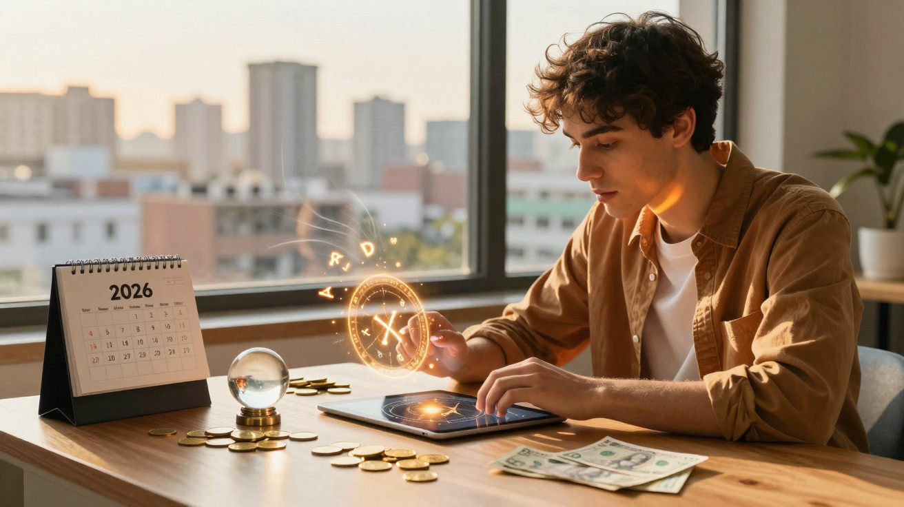 Jovem usando tablet com símbolos luminosos, moedas e cédulas sobre mesa perto de calendário 2026.