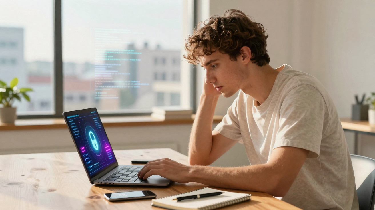 Jovem concentrado em laptop com ícone de cadeado digital, simbolizando segurança cibernética.